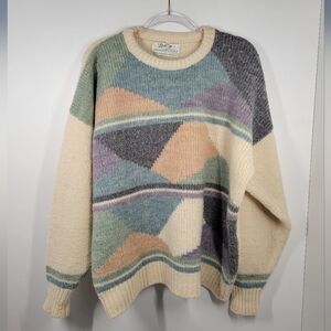 Vintage 80's Heritage Cream Colorblock Wool Irish Knit Sweater Women Size XL